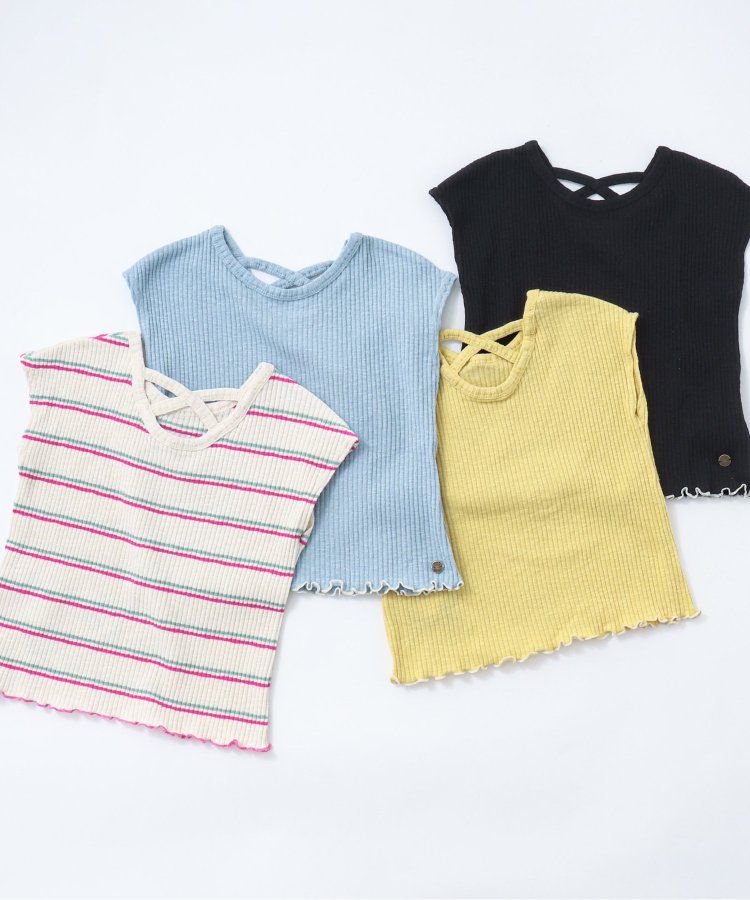 日本 BREEZE - 背交叉下擺捲邊羅紋短袖上衣-紅綠條紋