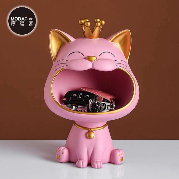 MODACore 摩達客 - 皇冠馬卡龍系設計招財貓開運擺飾-粉紅色