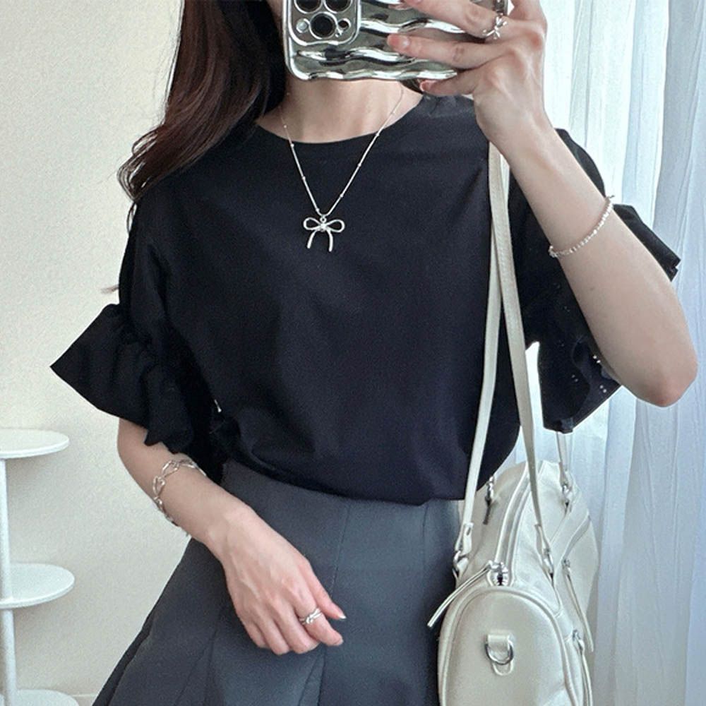 定番款修飾荷葉袖上衣-百搭黑 (F)