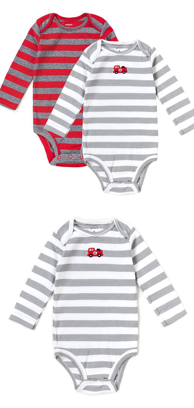 美國 Carter's - 小卡車刺繡橫條紋長袖包屁衣2件組 (6 M)