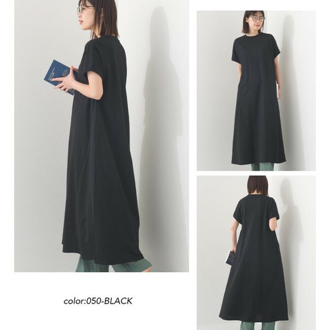 日本 OMNES - 接觸涼感 嫘縈圓領傘狀短袖洋裝-海軍藍