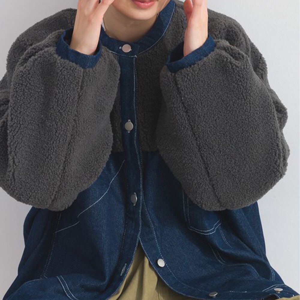 自然風休閒丹寧毛圈拼接外套-炭灰