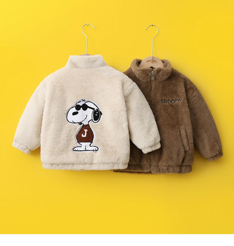 卡通人物史努比加厚毛絨絨半高領外套-SNOOPY戴墨鏡-杏色