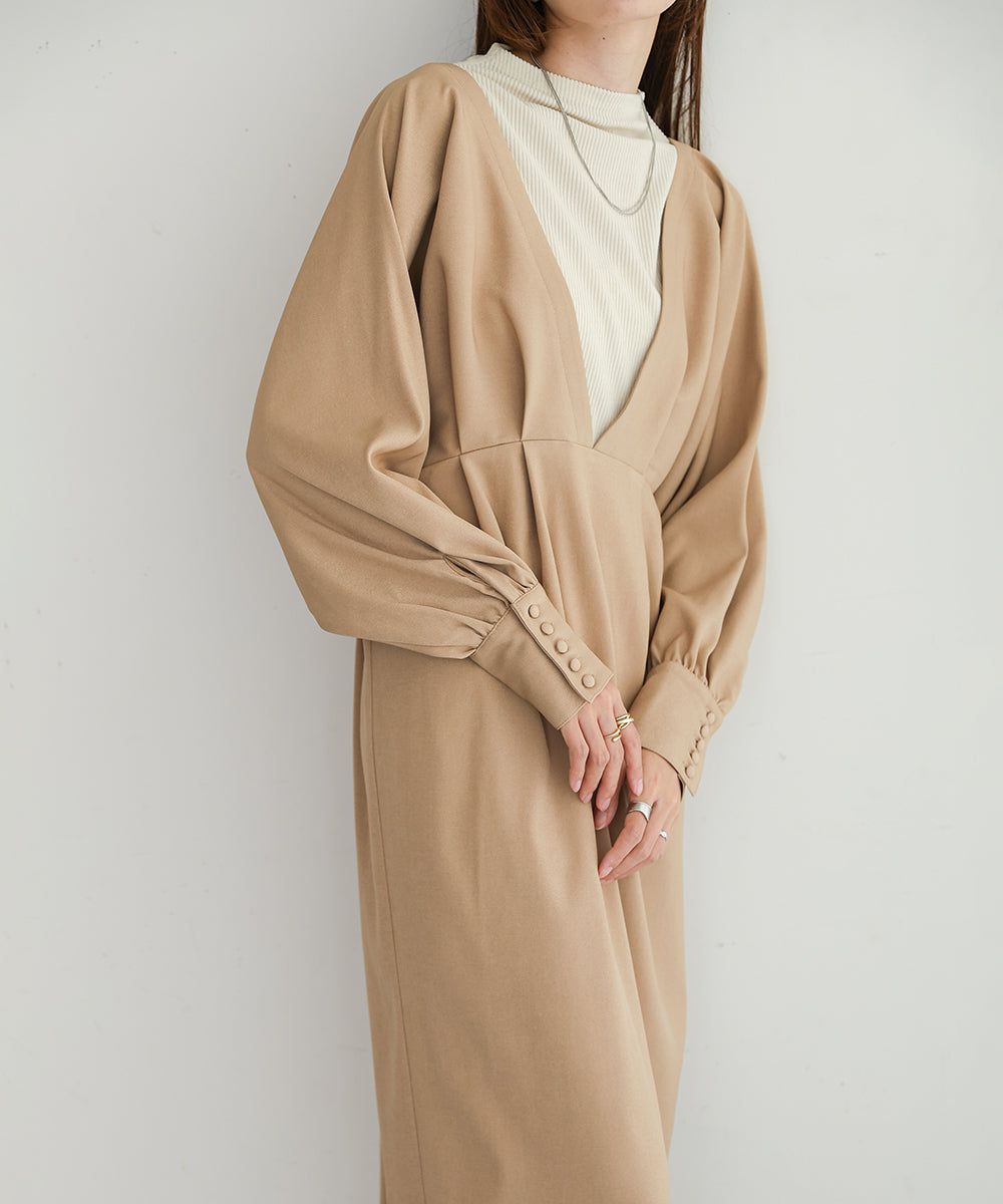 日本 Bab - 大V領拼接唯美歐風長袖洋裝-灰藍