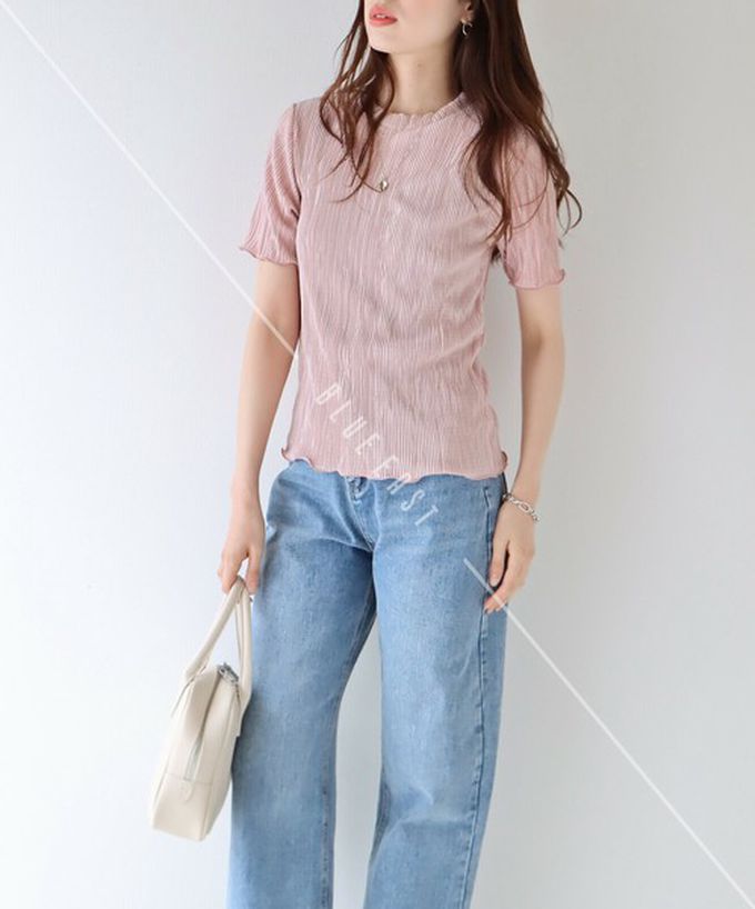 日本 BLUE EAST - 韓國製 圓領貝殼紋光澤短袖上衣-黑