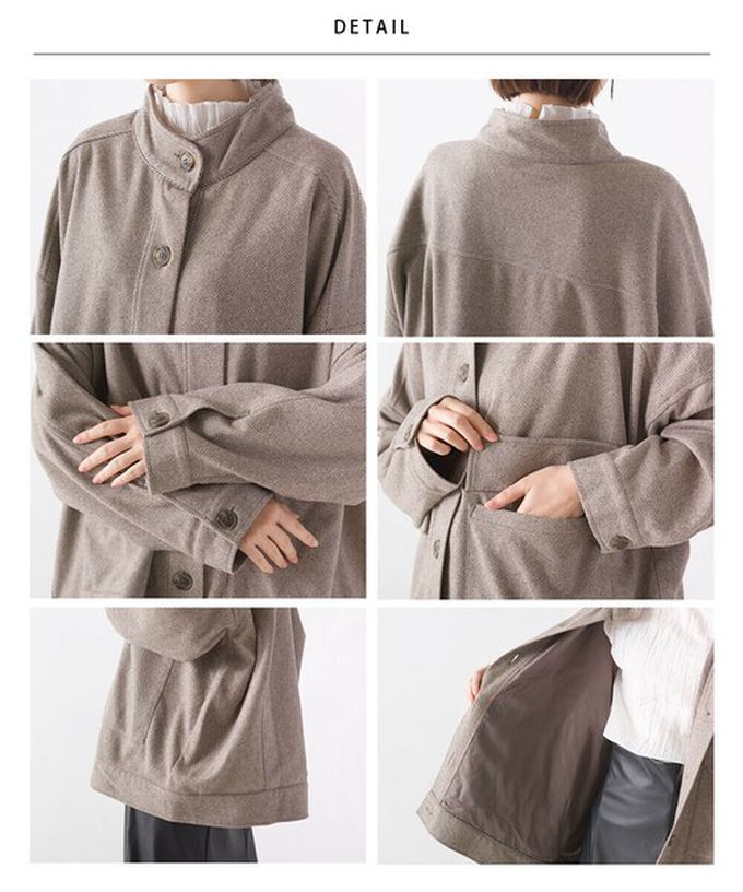 日本 OMNES - 人字紋休閒口袋俐落短版大衣外套-卡其