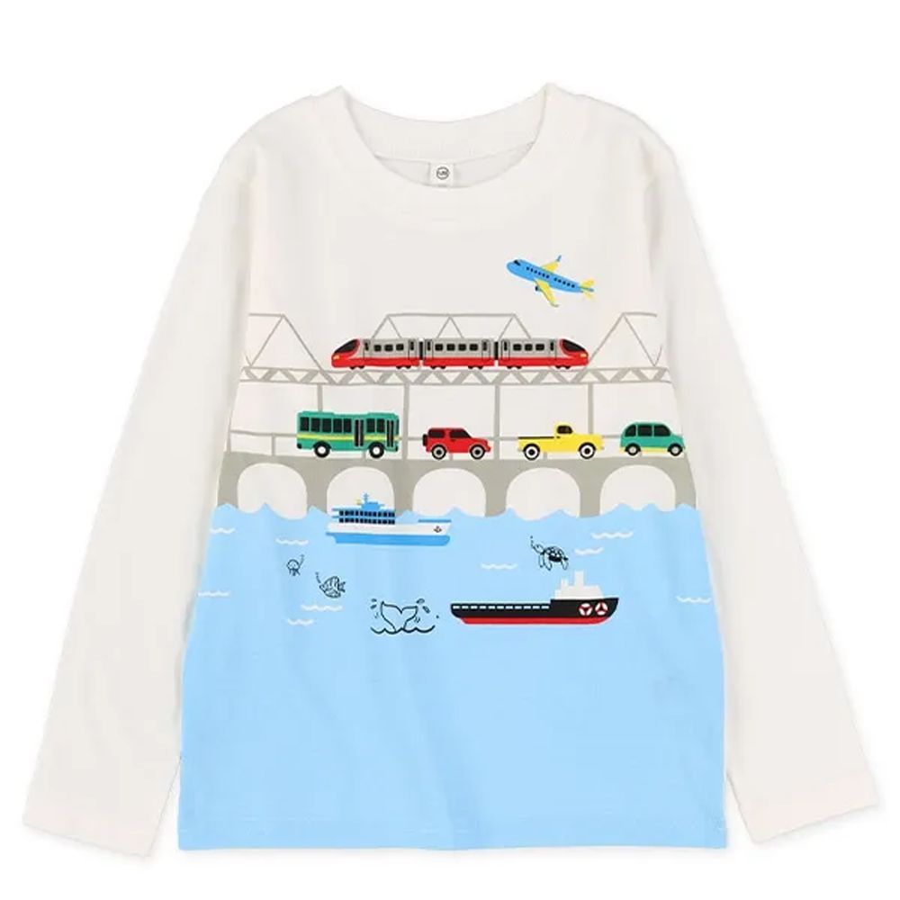 工作車風景印花長袖上衣-白