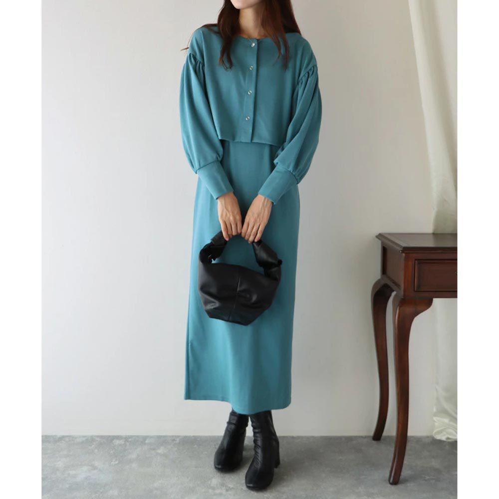 日本 BLUE EAST - 優雅吊帶裙x短版外套2件組-藍綠