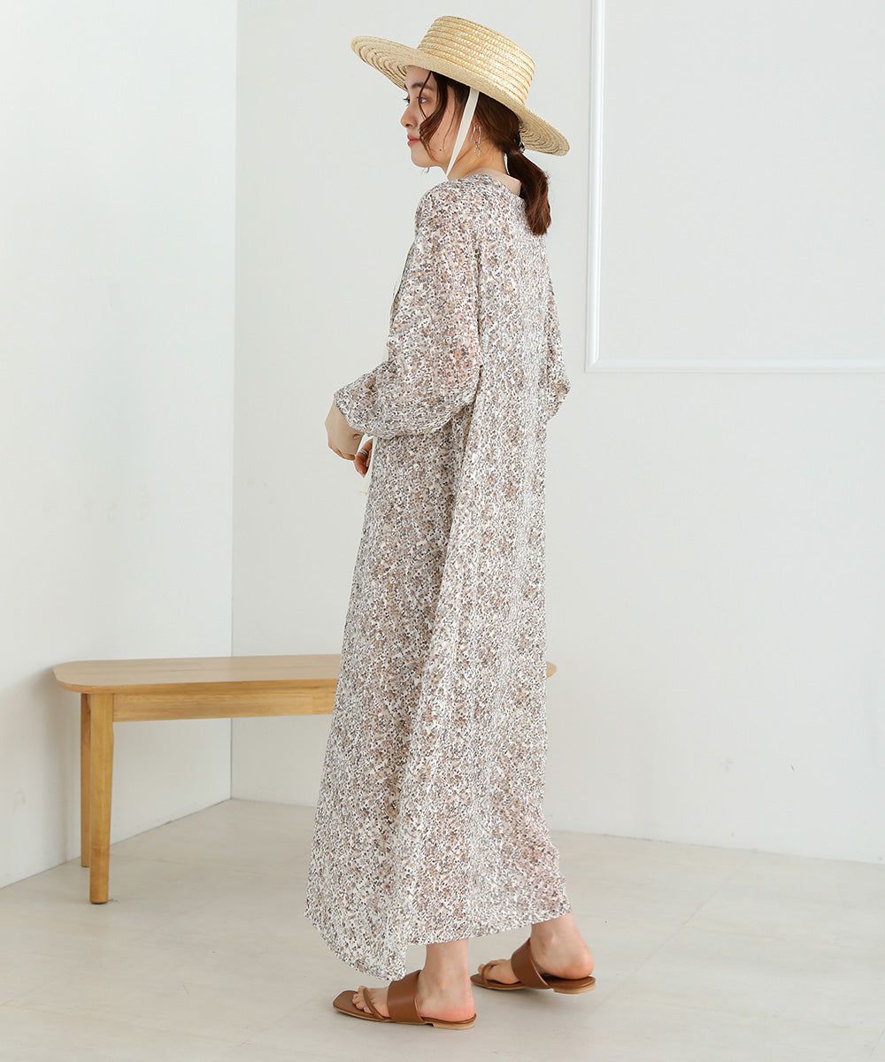 日本 Bab - 文藝浪漫碎花排扣洋裝-石英灰