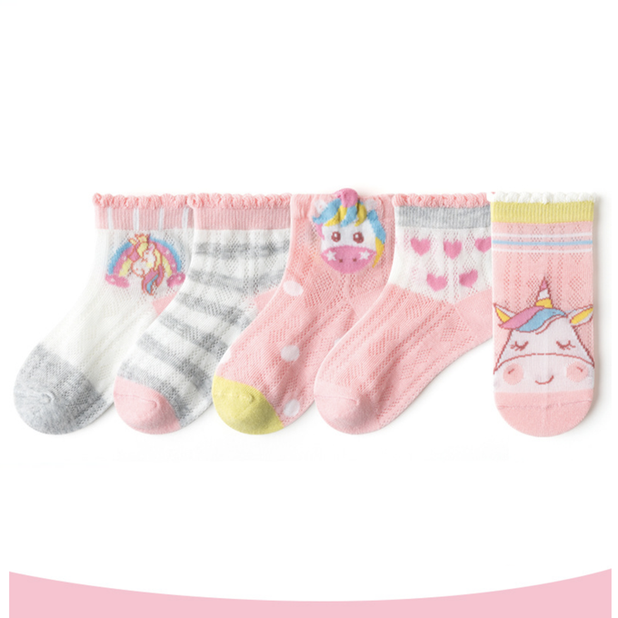 love, charlotte - 泡泡花邊獨角獸愛心網眼短筒棉襪-5 雙一組