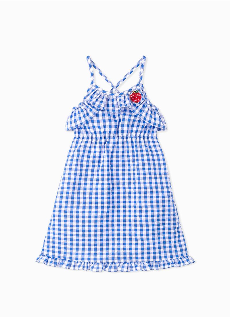 韓國 OZKIZ - 皺褶感格子細肩帶洋裝-藍