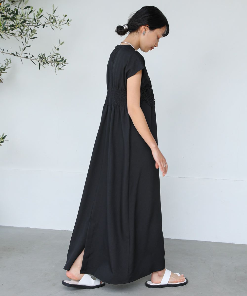 日本 Bab - 前蕾絲拼接短袖洋裝-黑