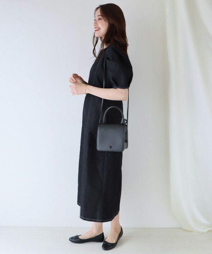 日本 BLUE EAST - 丹寧風顯瘦剪裁泡泡短袖洋裝-白