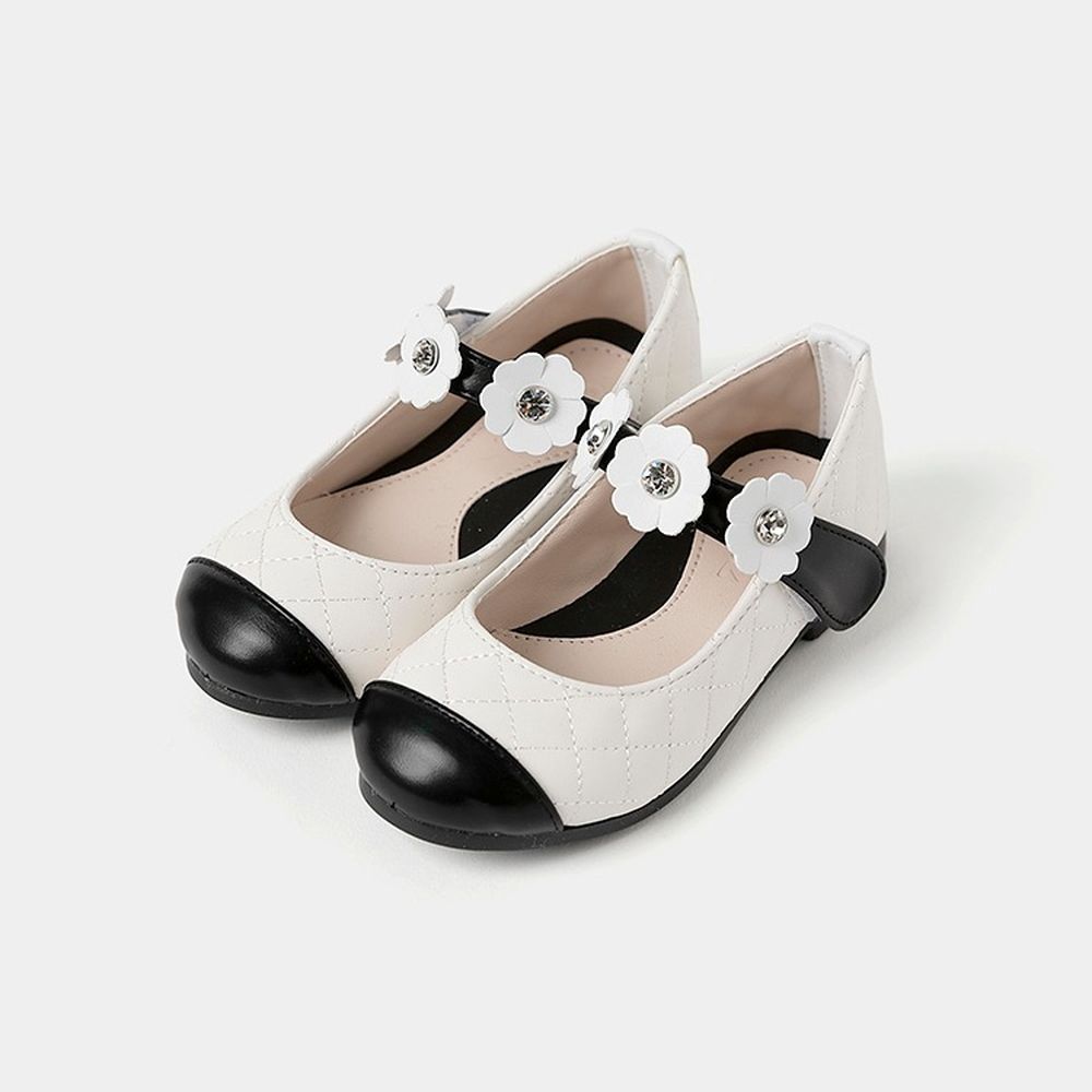 高雅菱格壓紋皮革花朵鑽飾娃娃鞋-白X黑
