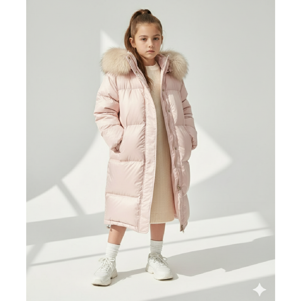 (100%鴨絨)雪國級溫暖長版羽絨外套-寶貝粉