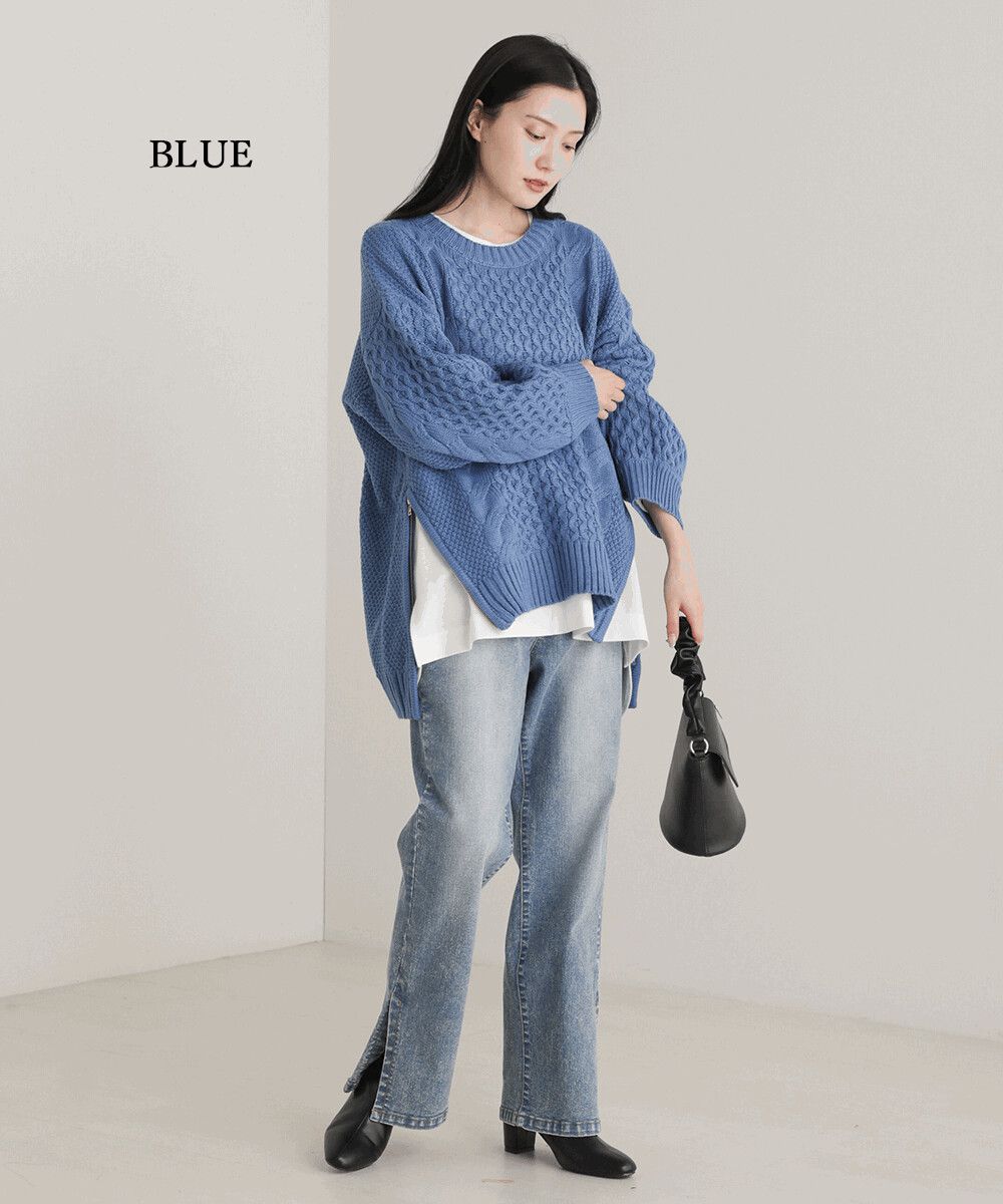 日本 Bou Jeloud - 羊毛混紡側開衩長版立領毛衣-小編織-深灰