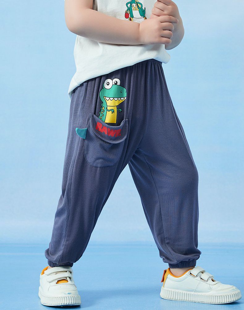 立體卡通圖束口長褲/防蚊褲-大眼睛恐龍-淺藍色