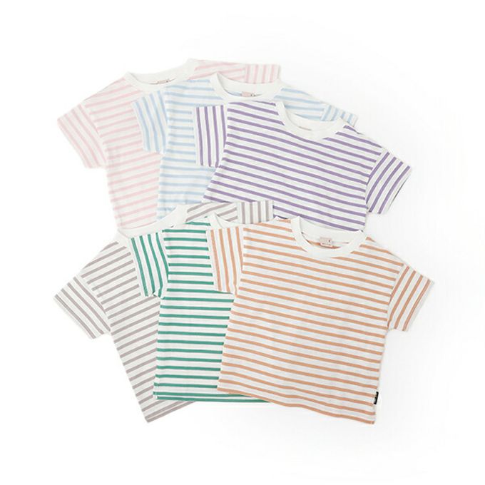 日本 petit main - [低價]接觸冷感 條紋短袖上衣-藍x白