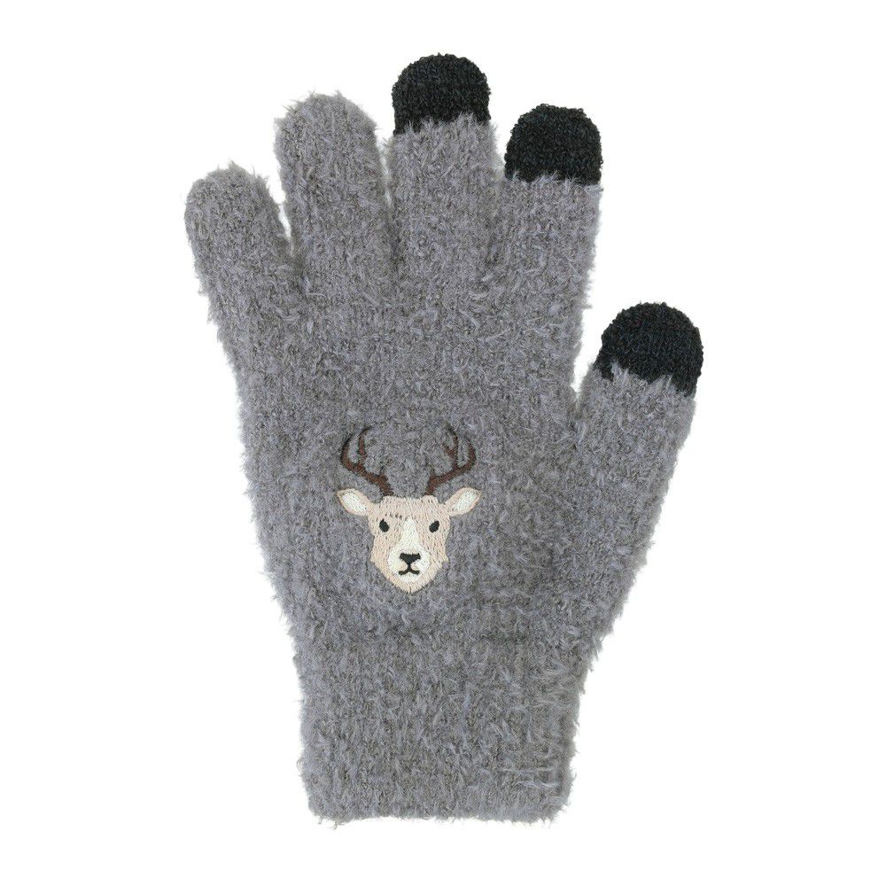 日本 TOMO - (大人)可觸控可愛動物毛絨保暖手套-雄鹿-灰