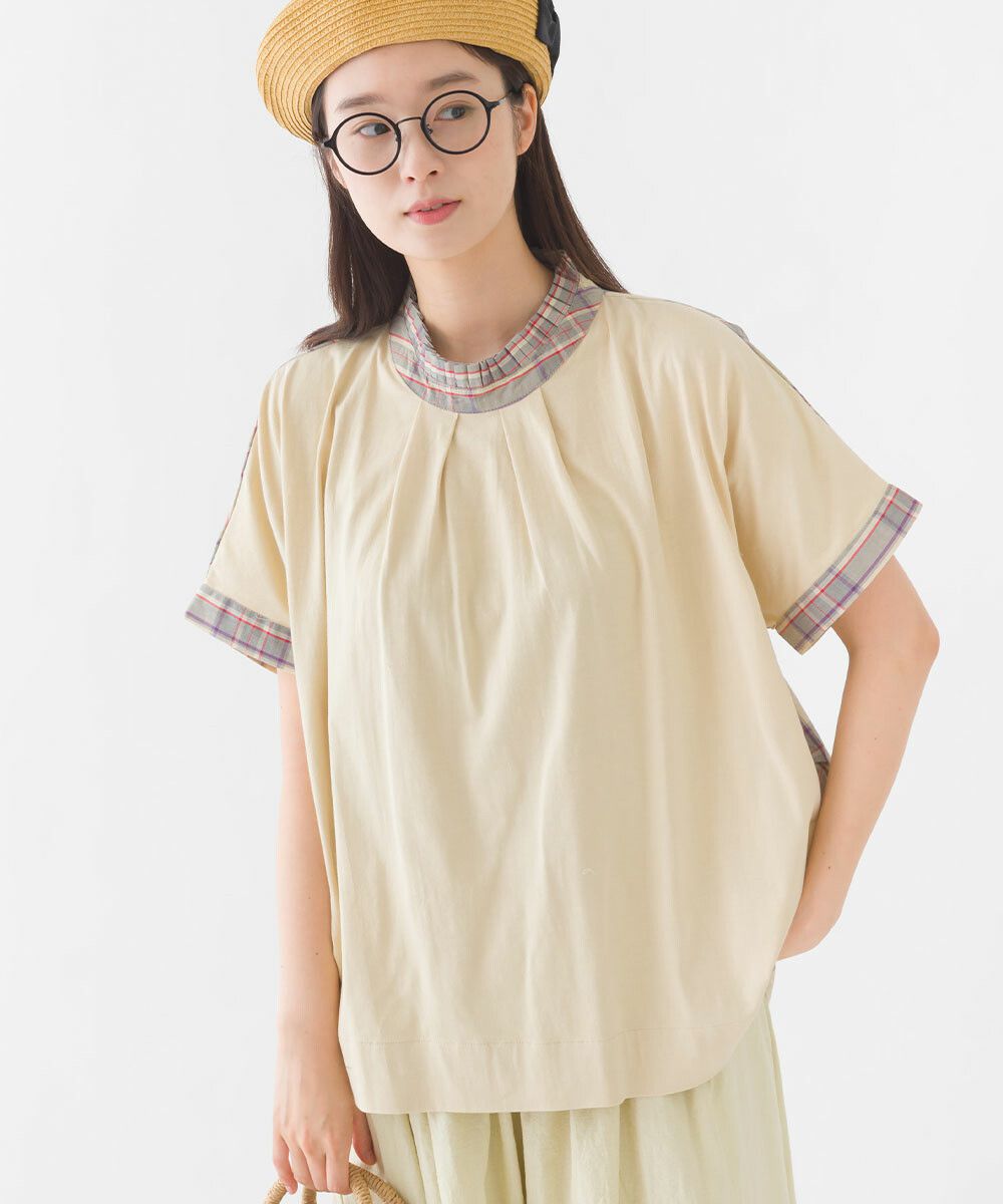 日本女裝代購 - 100%印度棉格紋拼接短袖上衣-深藍