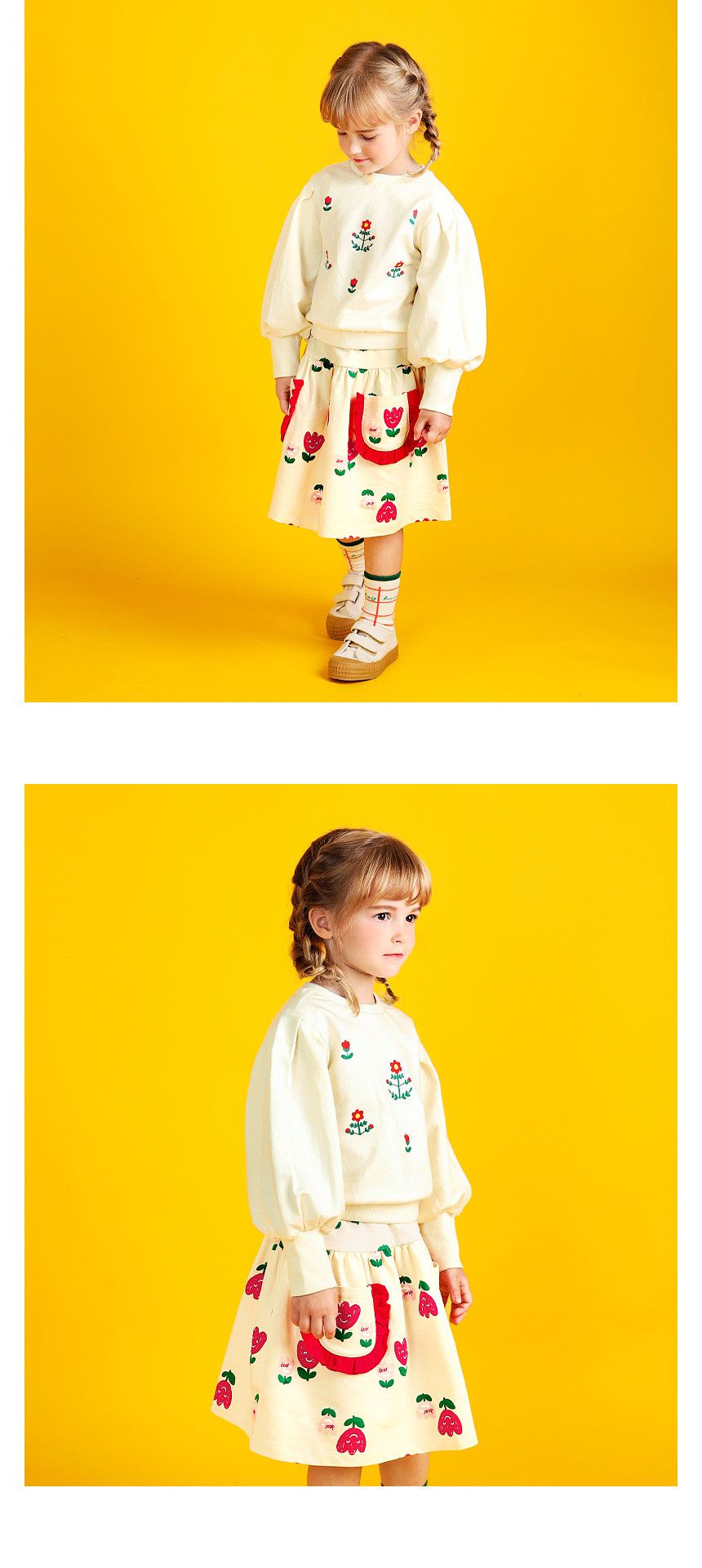 韓國 WALTON kids - 小紅花公主抓褶澎袖上衣-奶油白