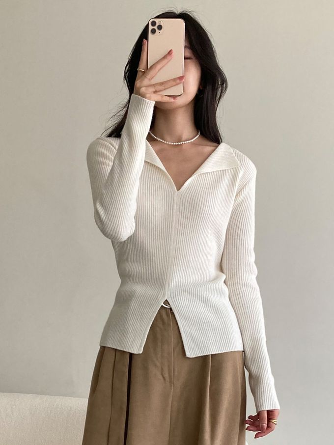 韓國女裝連線 - 浪漫開衩領羊毛針織上衣-燕麥杏 (FREE)