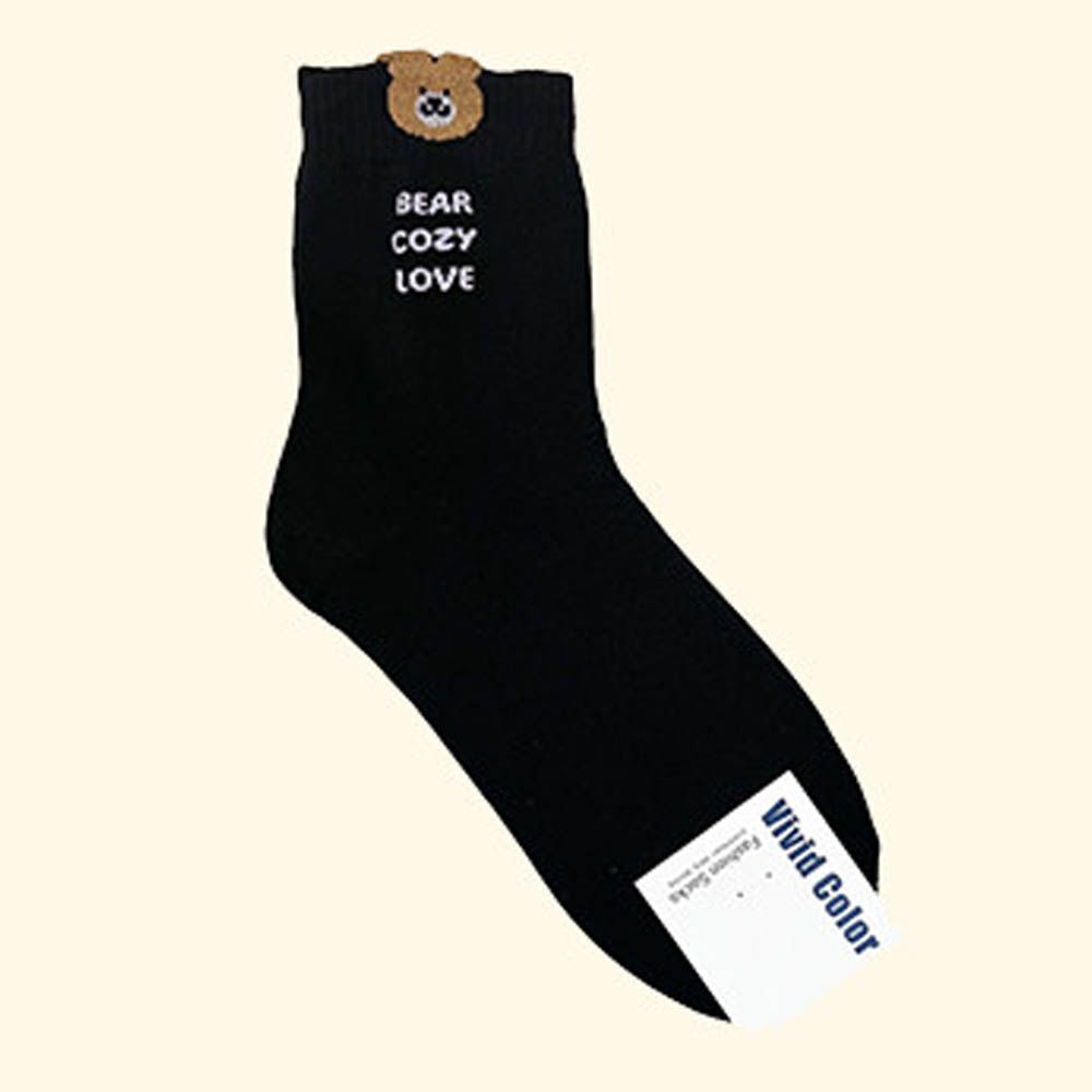 韓製造型彈性中筒襪-熊熊-黑 (23-25cm)-1雙