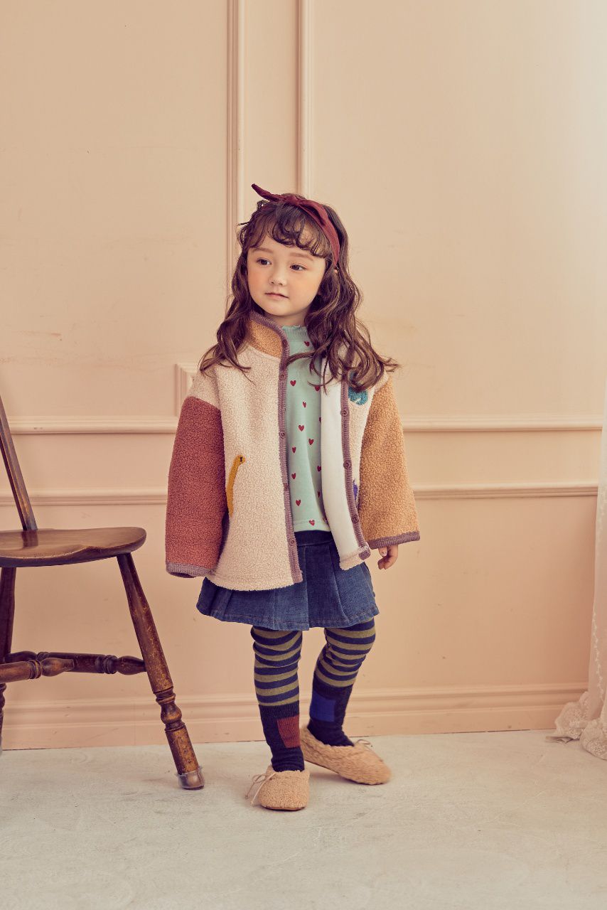 韓國 Mimico - 搖粒絨三色恐龍外套-玫粉X杏