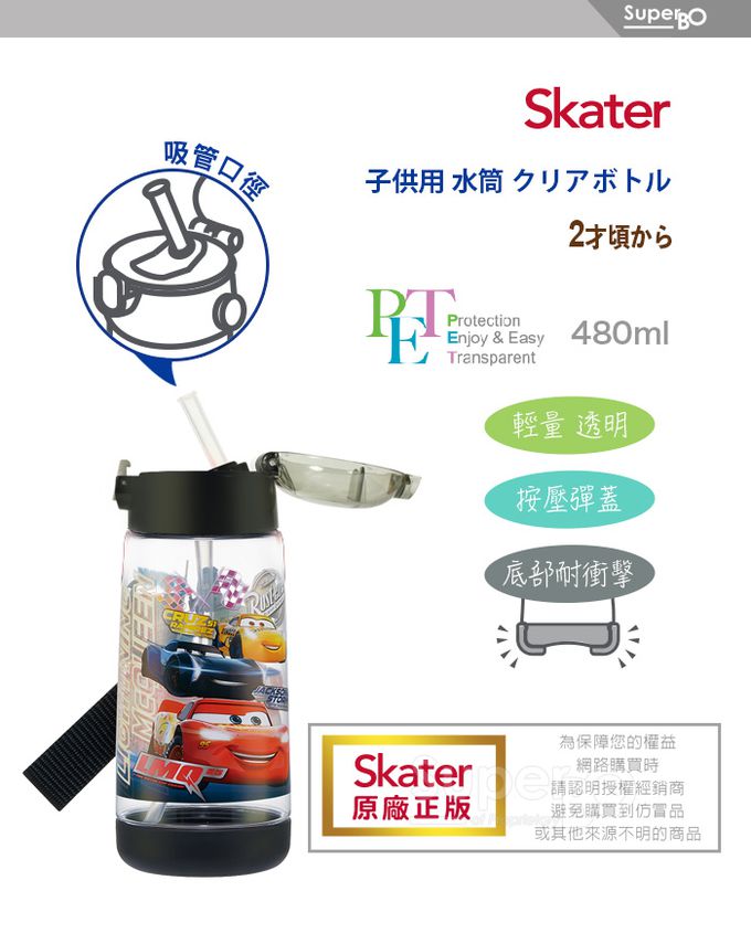 日本 SKATER - 透明吸管水壺(480ml) PET-閃電麥昆LMQ-480ml