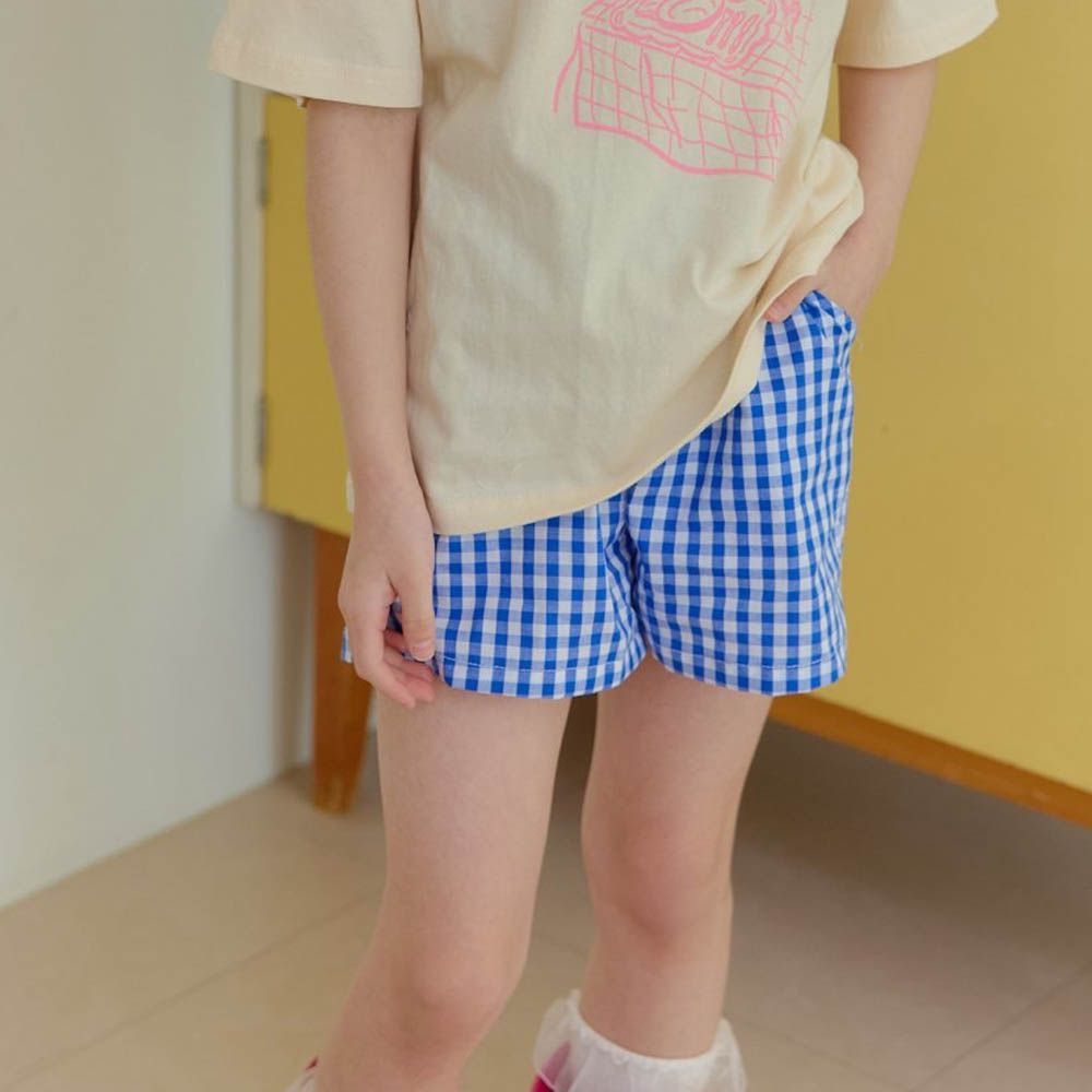 鬆緊腰極簡格紋短褲-藍