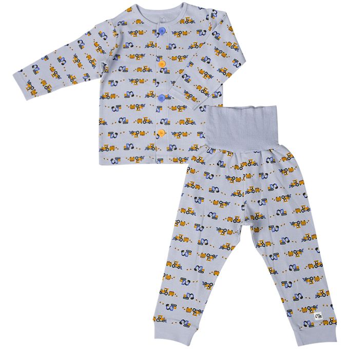 akachan honpo - 長袖家居服 穿衣練習前開式-拖拉機-淺藍色