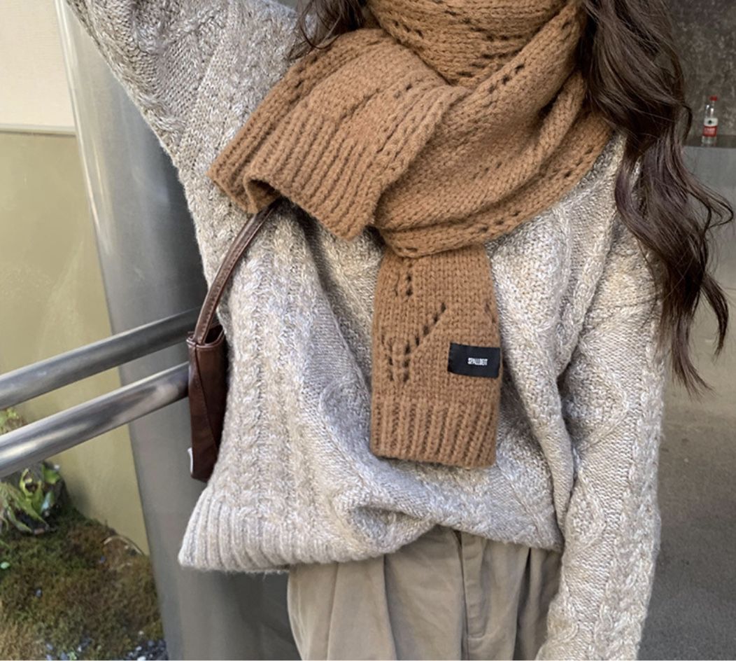 學院風純色針織毛線長版圍巾-焦糖-成人圍巾披肩-焦糖-175 x 35 cm