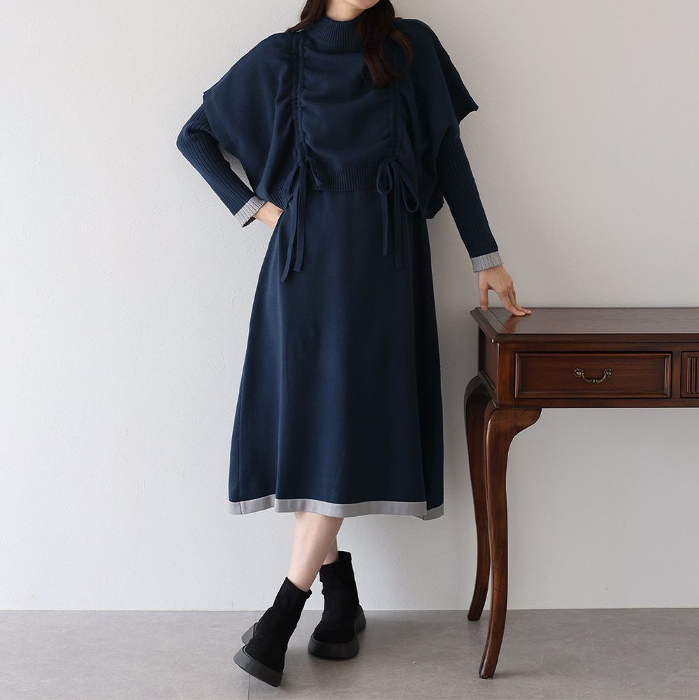 [經典款]氣質針織斗篷長袖洋裝2件組(皺褶款)-海軍藍