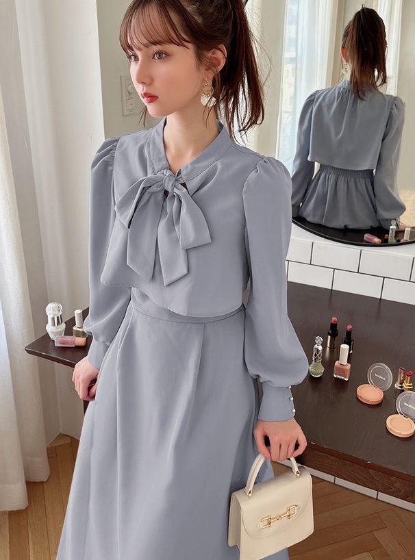 日本 GRL - 2WAY浪漫綁帶收腰洋裝-深藍