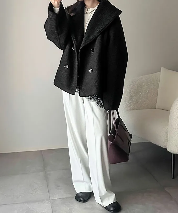 日本 Classical Elf - 注目大翻領優雅毛呢感大衣外套-淺摩卡