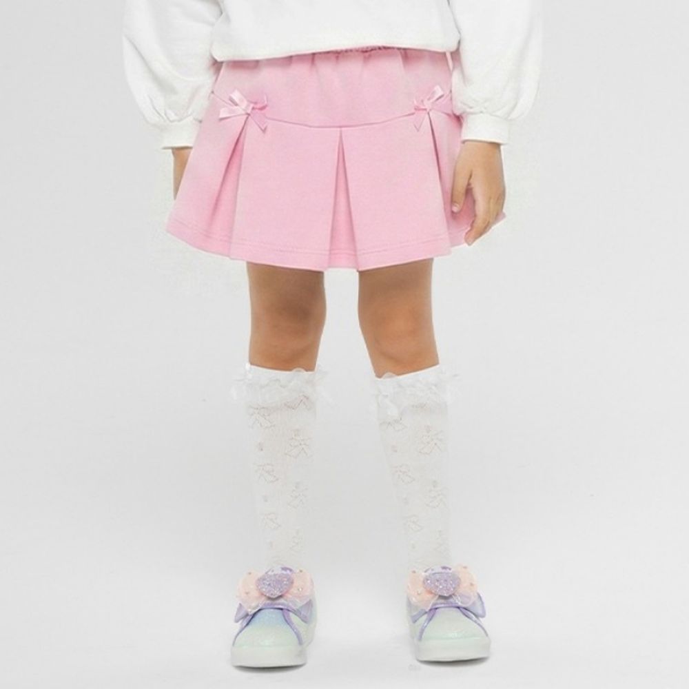 鬆緊腰少女蝴蝶結打褶短裙-粉
