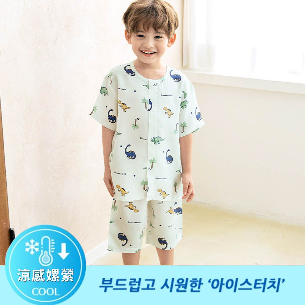 [Primium]涼感嫘縈透氣短袖睡衣套裝-椰島恐龍-淺綠
