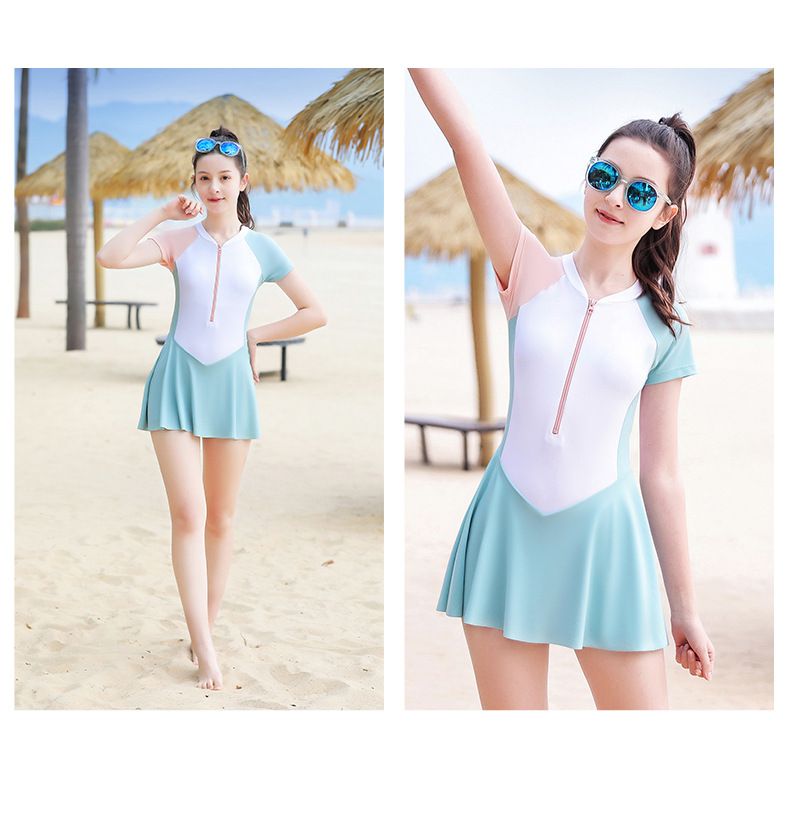 大童女孩運動風短袖連身裙泳衣-拼色款-粉+白+藍