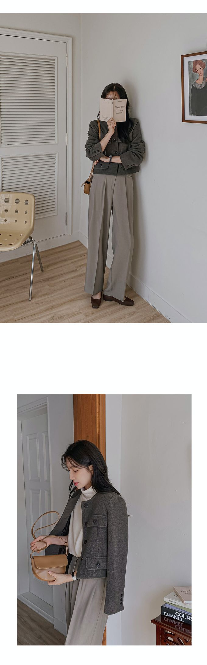 韓國 Urbantheroom - 高質感排釦無領短版夾克-卡其灰 (Free)