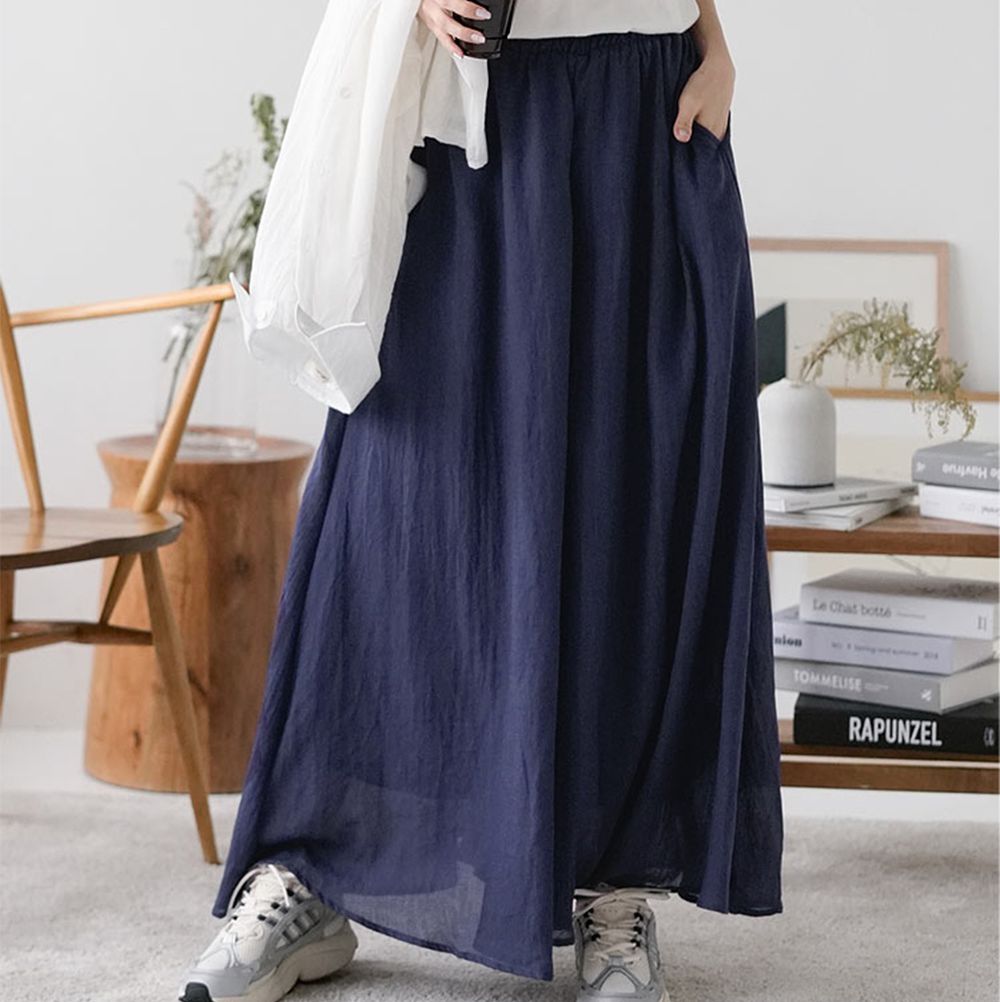 仙氣飄逸感亞麻混紡寬褲-深藍