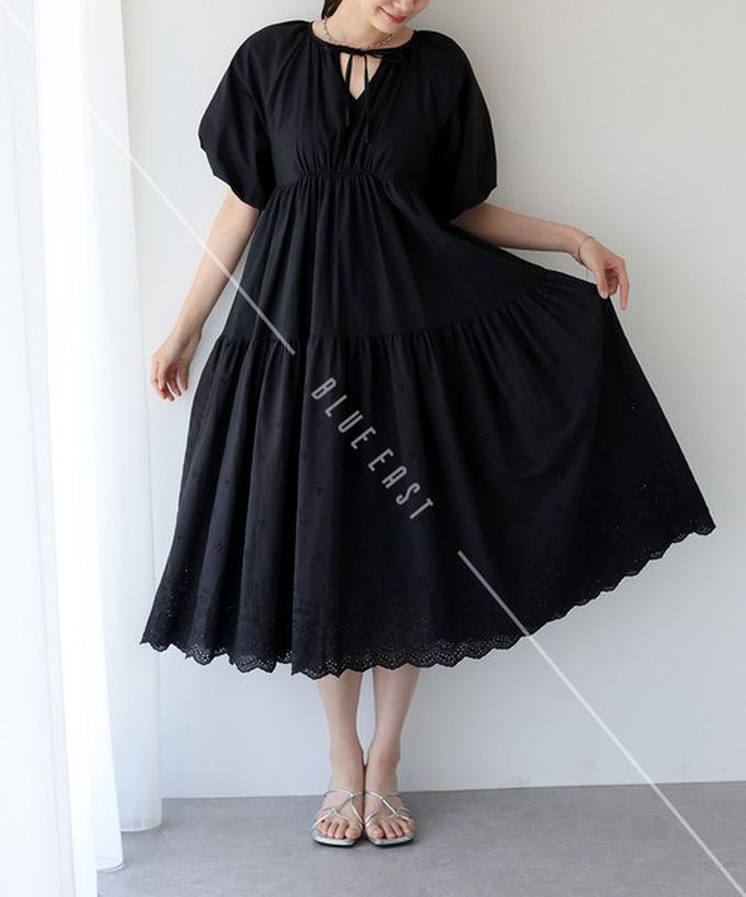 日本 BLUE EAST - 100%棉 下擺精緻蕾絲泡泡短袖洋裝-白