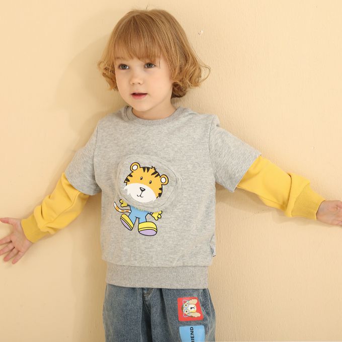 圓領假兩件長袖上衣-老虎印花-橘+黑色