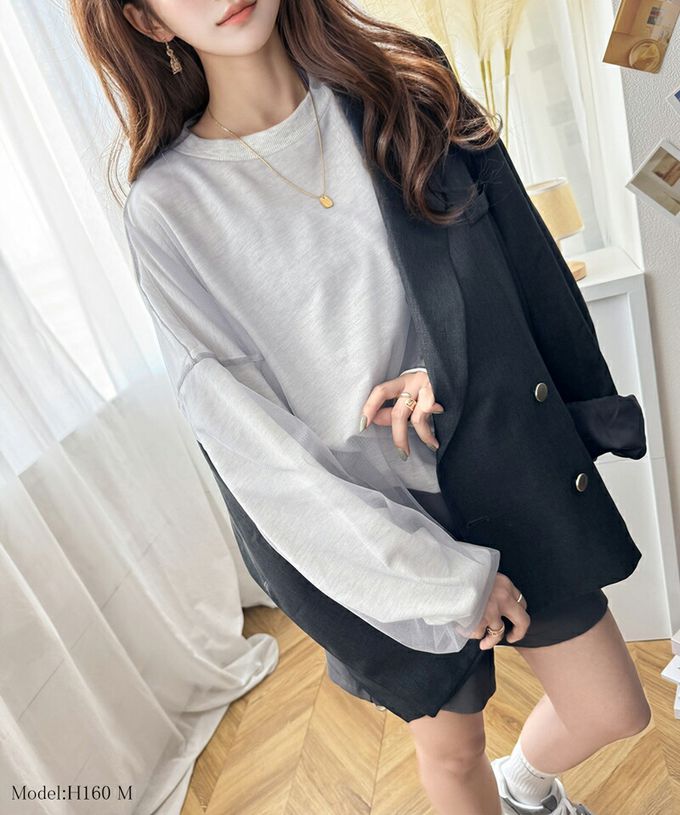 日本 Classical Elf - Java 透膚薄紗層次上衣-背後標籤印花-燕麥灰