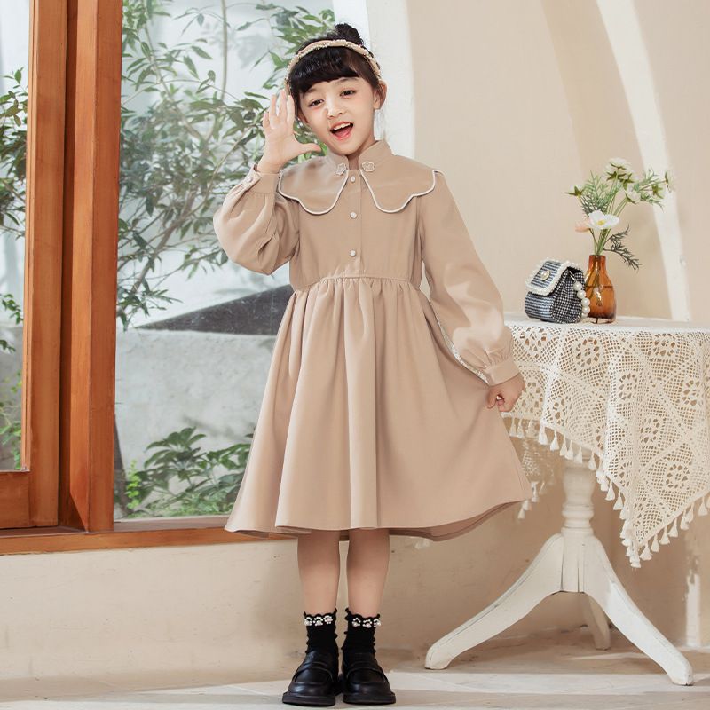 娃娃領燈芯絨長袖洋裝-卡其色