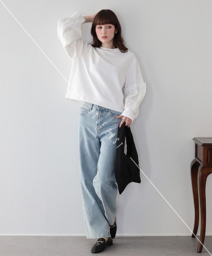 日本 BLUE EAST - 可愛珍珠皺摺造型寬版長袖上衣-黑