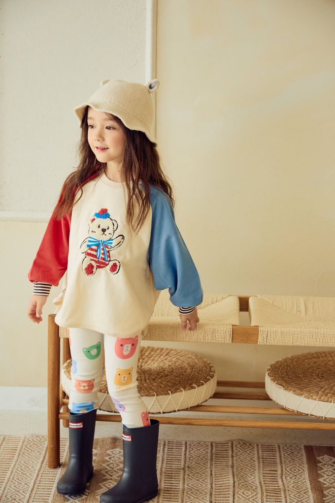 韓國 Mimico - 鬆緊腰圖印彈力內搭褲-多彩熊熊-象牙白