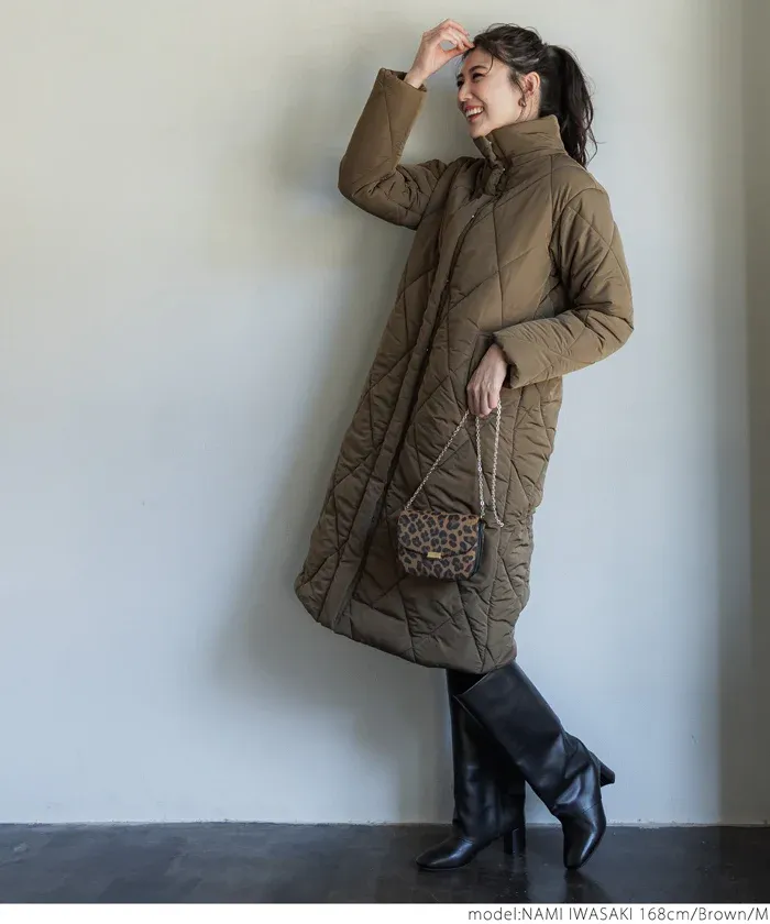 日本 COCA - 俐落長版絎縫鋪棉保暖外套(帽可拆)-咖啡