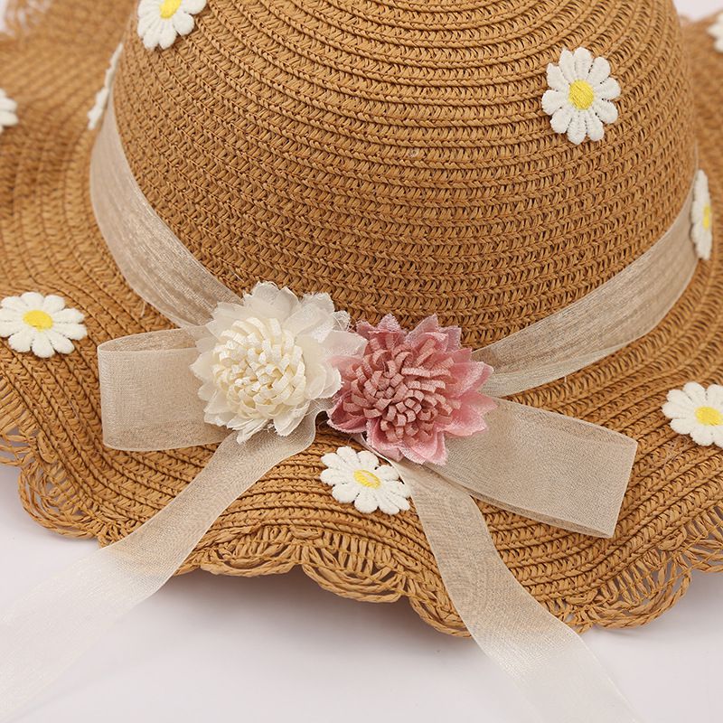 小仙女不規則大帽簷草帽/遮陽帽(附小背包)-編制花-杏色 (建議2-8歲)