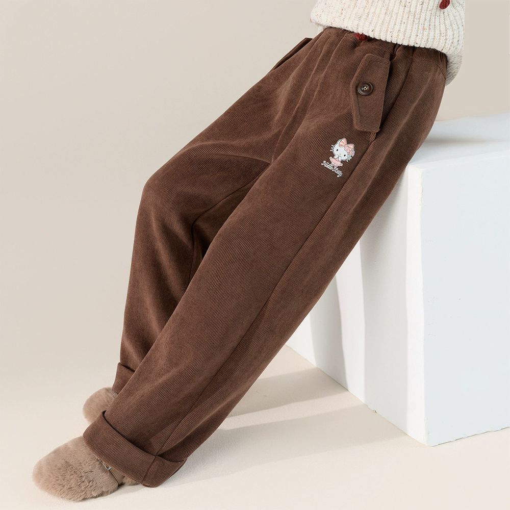 腰彈性褲腳反折燈芯絨長褲-卡通人物Hello Kitty-咖色