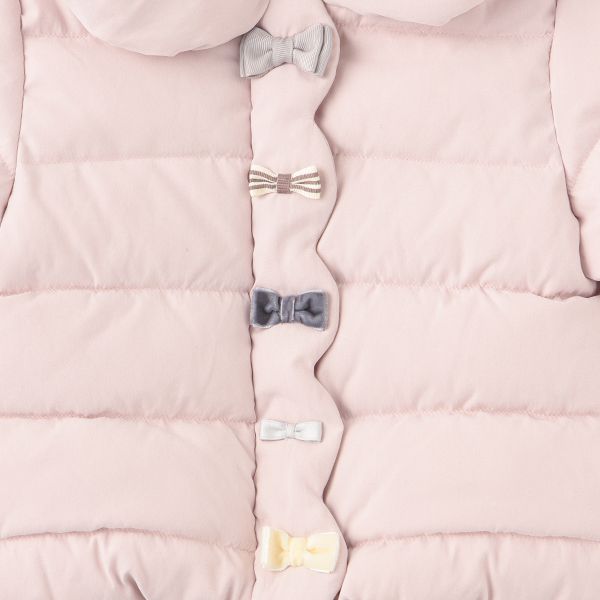 日本 petit main - 可愛蝴蝶結澎澎領鋪棉外套-粉紅